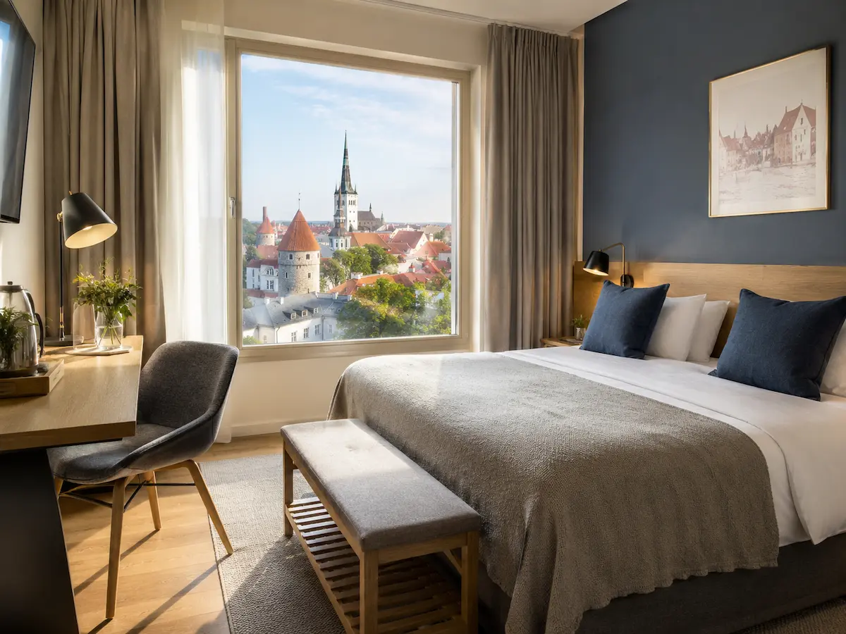 Modern hotel room with a view of Tallinn Old Town